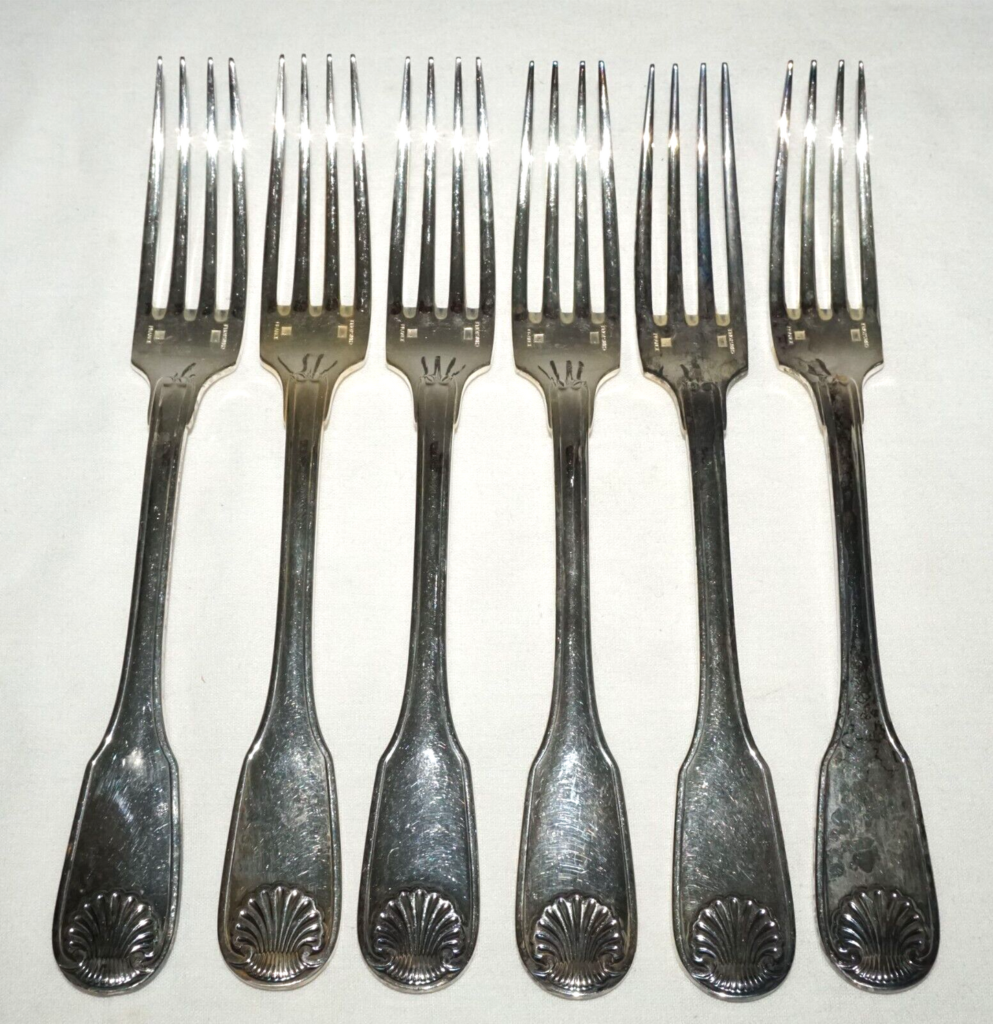 6Pc France Silver Plated Dinner Forks Lot Shell Vendome Pat Christofle (NiC) L6