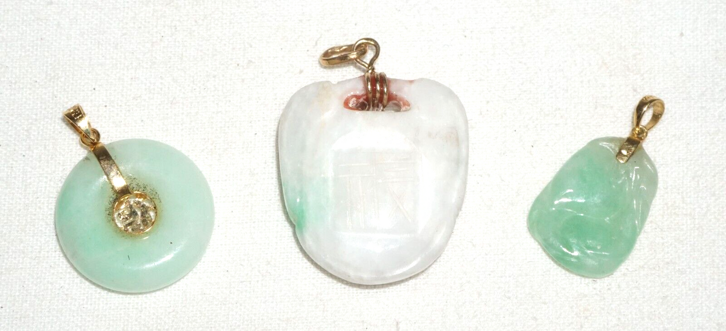 3Pc Vintage Chinese Miniature Jadeite Jade Carved Pendants Lot (***)