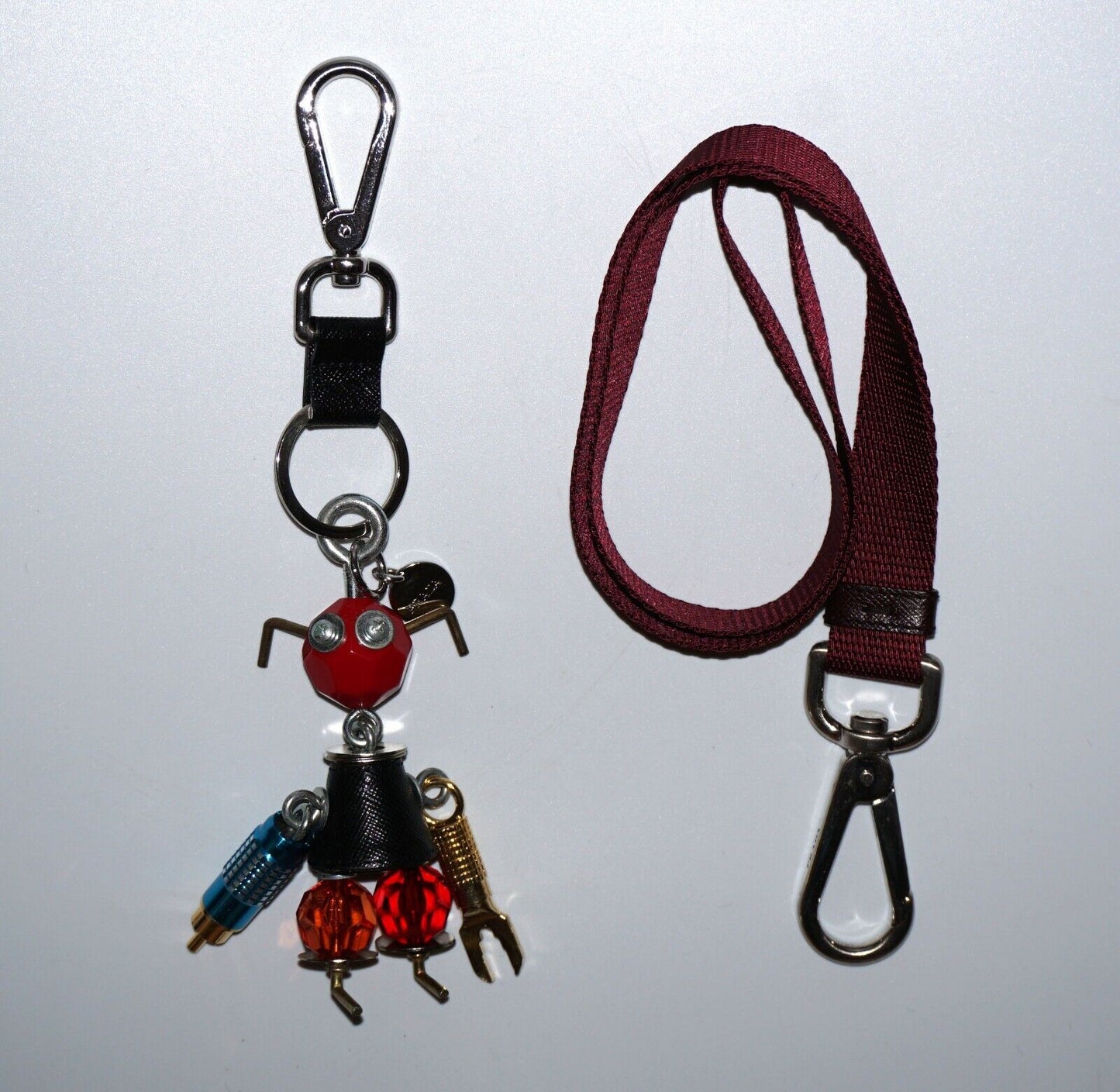 2Pc Vintage Prada Mixed Lot Men's Robot Bag Charm & Fabric Key Chain (CWo)