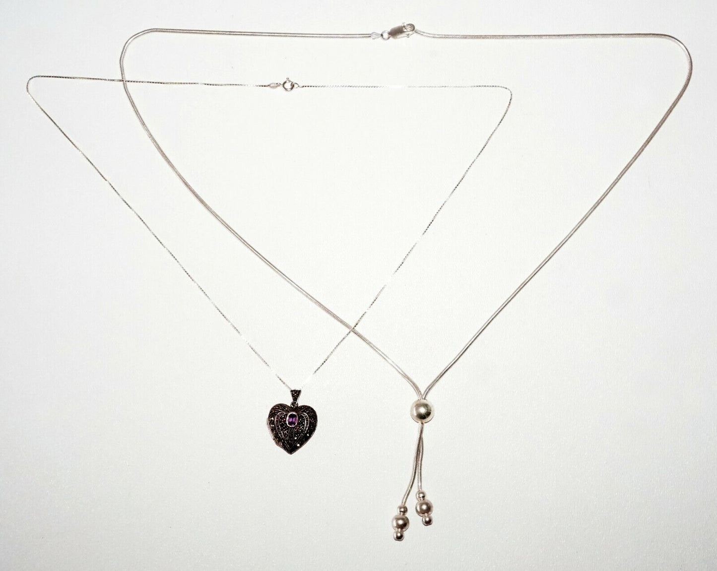 3Pc Vintage Sterling Silver Necklaces & Heart Motif Locket Pendant (SaR)#189