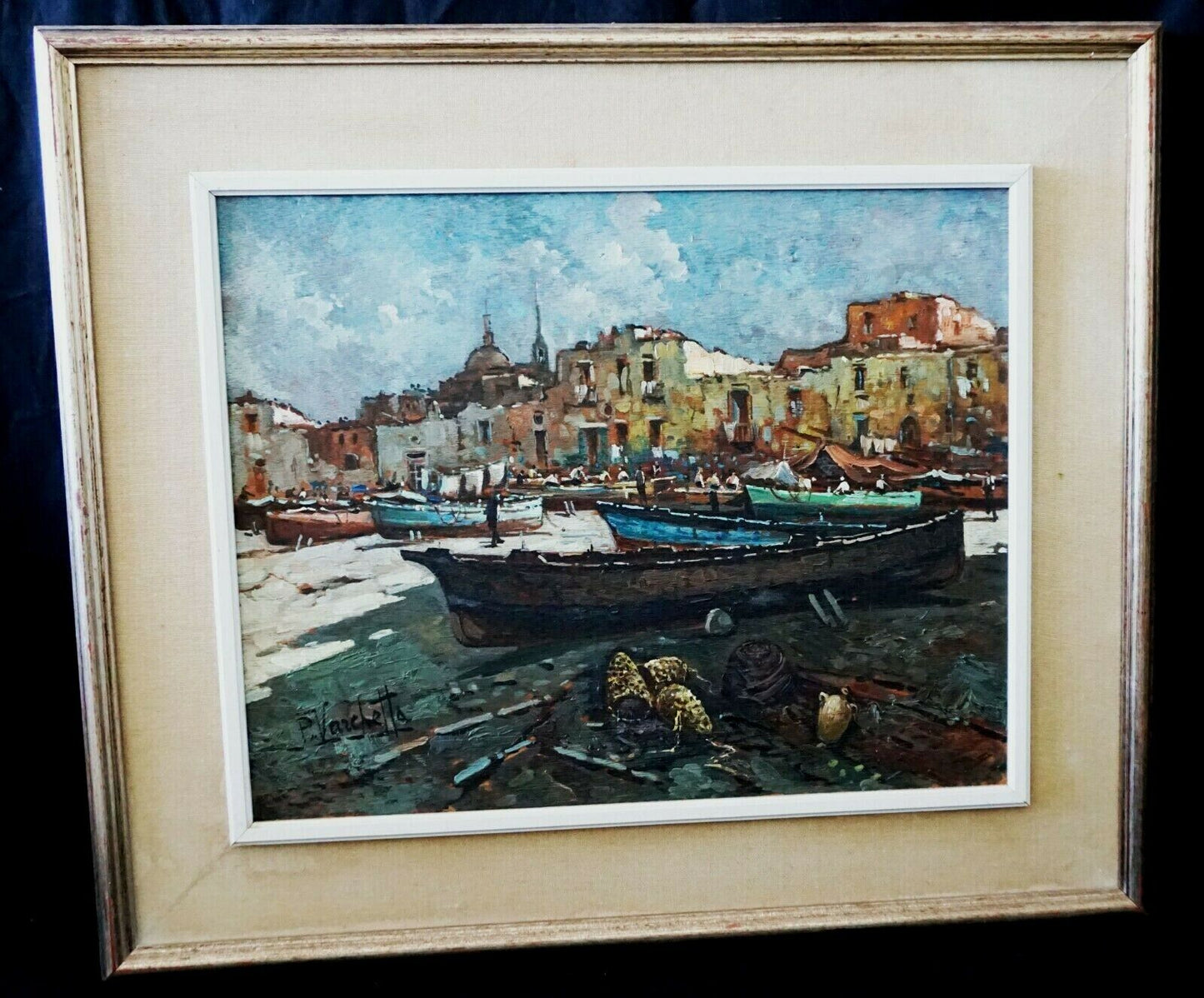 Italian Oil Painting "Fishing Village & Beached Boats" by P. Varchetta (FeO)