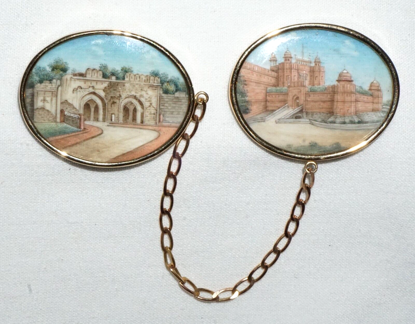 Antique 14k Yellow Gold Oval Painted Plaque w. Castle Motif Double Brooch (GeB)6