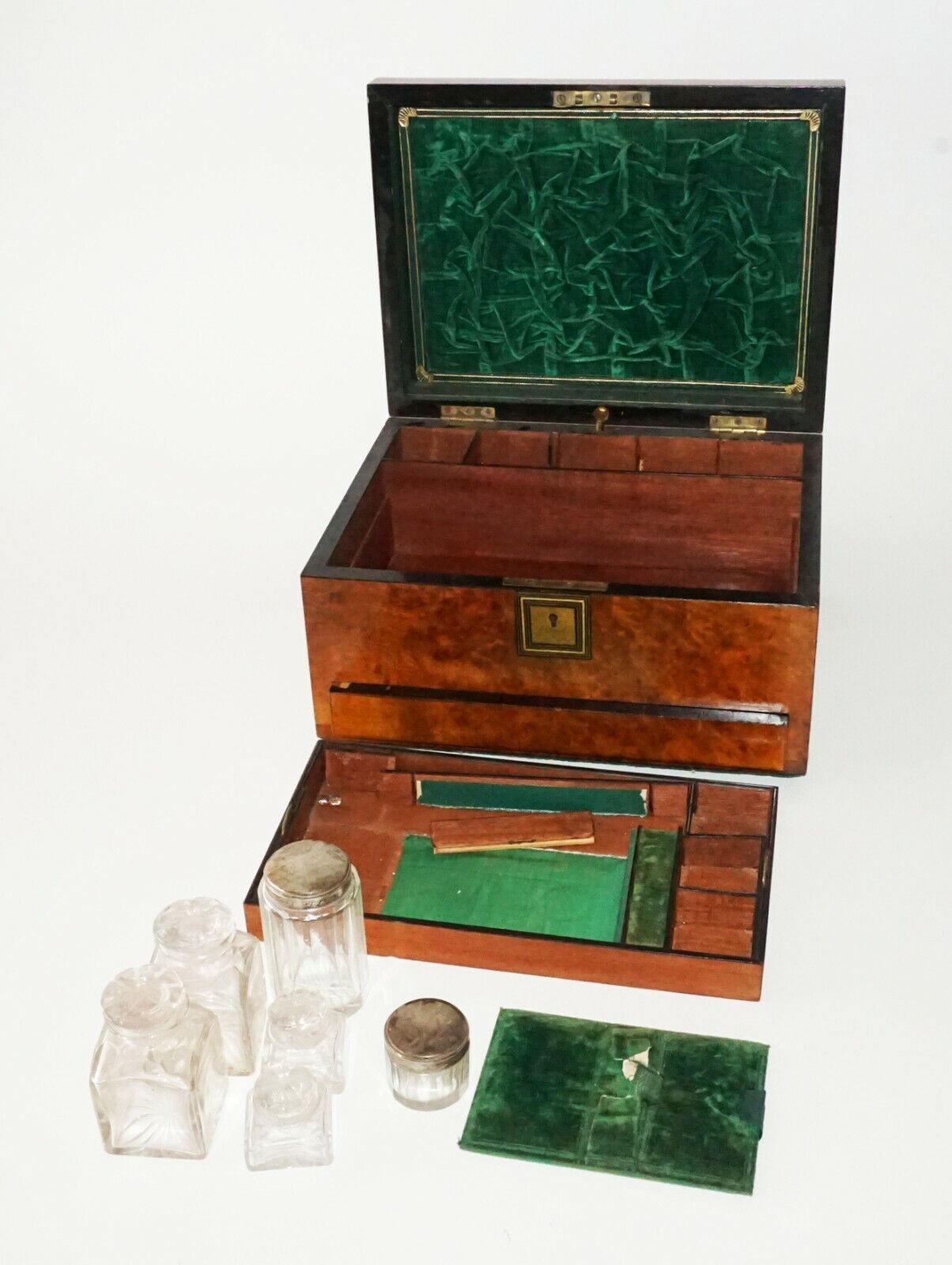19C Irish Burl Hardwood Hinged Top Vanity Personal Chest w. Crystal Bottles(FLA)