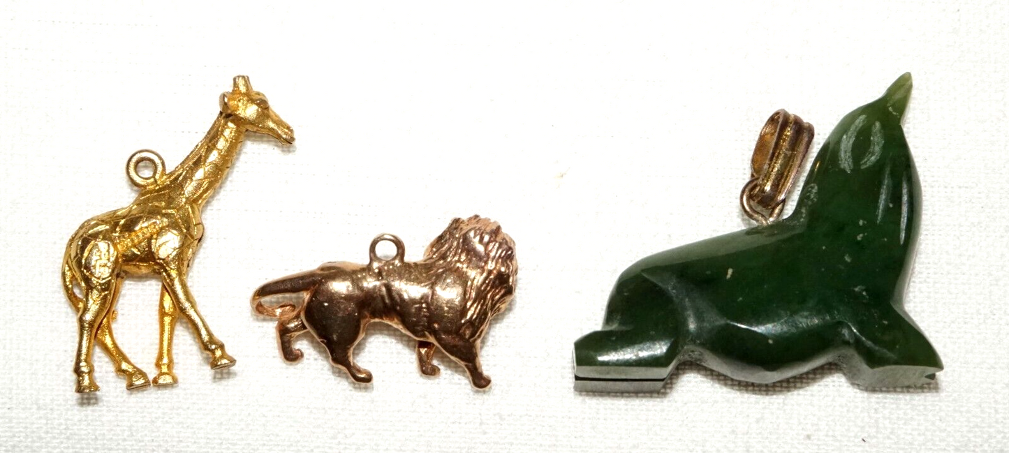 3Pc US UK 9k/14k Gold & Jade Animal Charms Giraffe, Lion, Sea Lion (KoS) L23