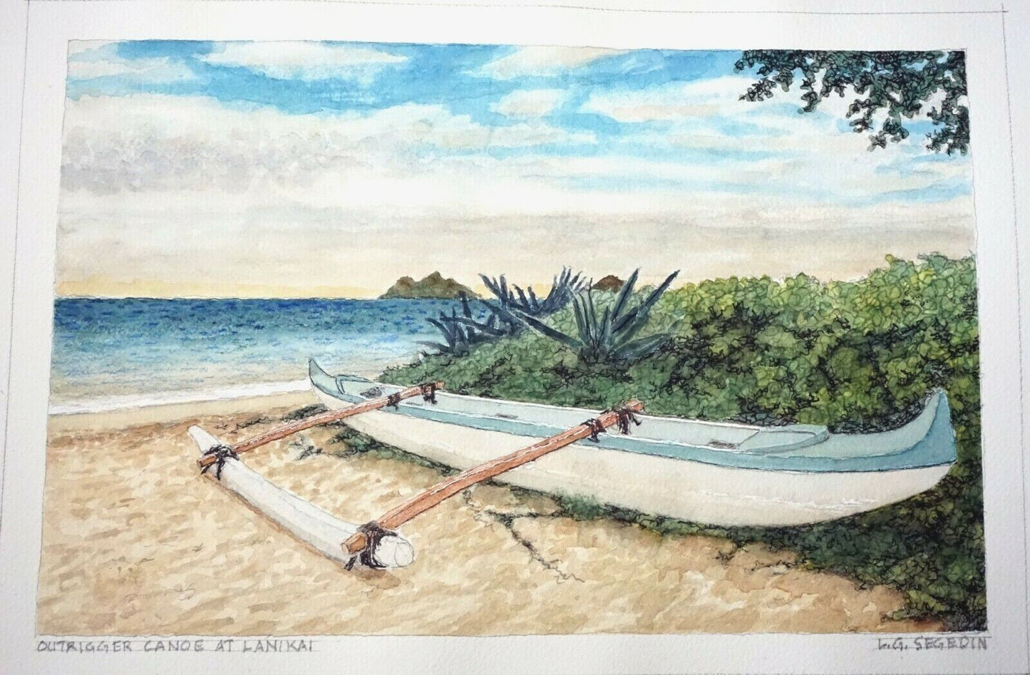 Hawaii Watercolor Painting Outrigger Canoe at Lankai Beach by Larry Segedin #169