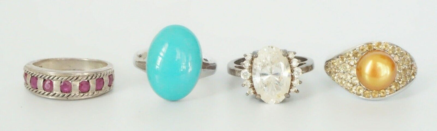 4x Vintage Sterling Silver Rings Sz.8 w. Pearl, Turquoise, Rubies & Cz (SaR)#425