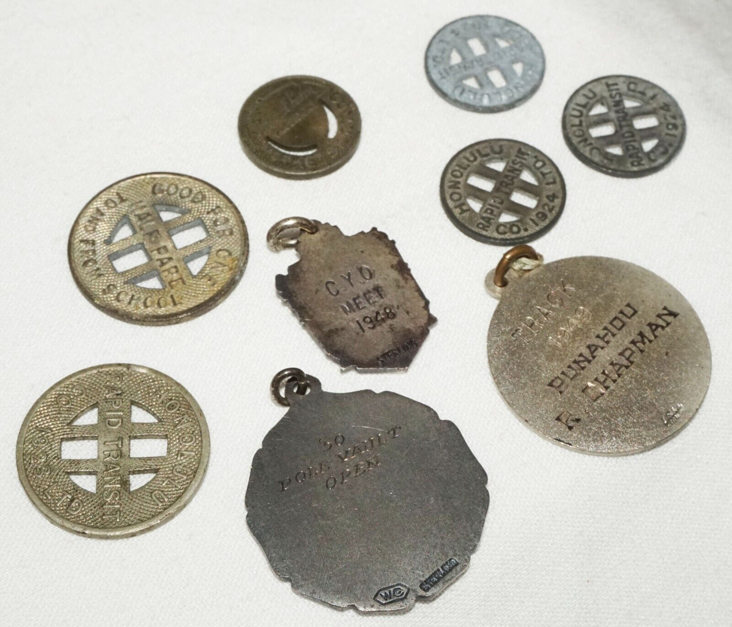 9Pc Hawaii Mixed Group of Punahou School Pendants & Old Transport Tokens (ChR)