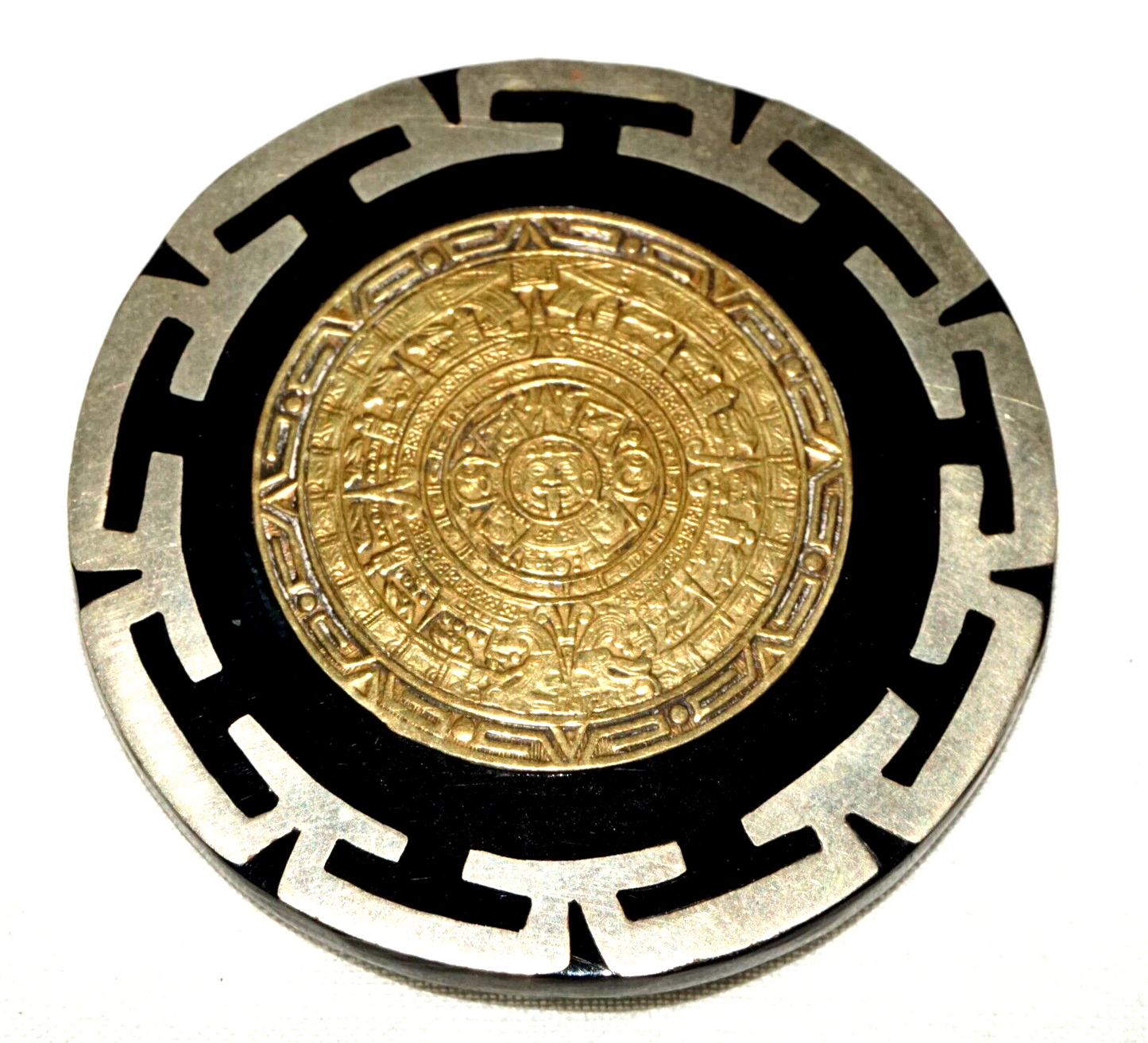 Vintage Mexico Alpaca Silver & Gold Mayan Calendar Plaque Brooch Pin (LeS)L24