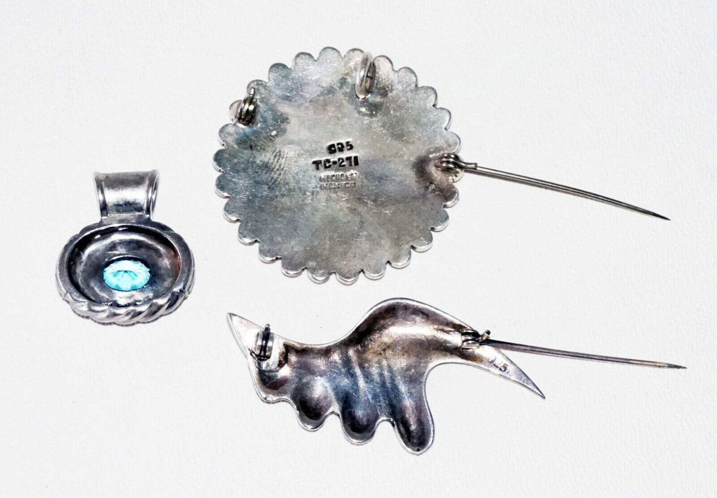 3Pc Modernist Mexican Sterling Silver Pin Pendants w Topaz Chrysoprase (SaR)#191