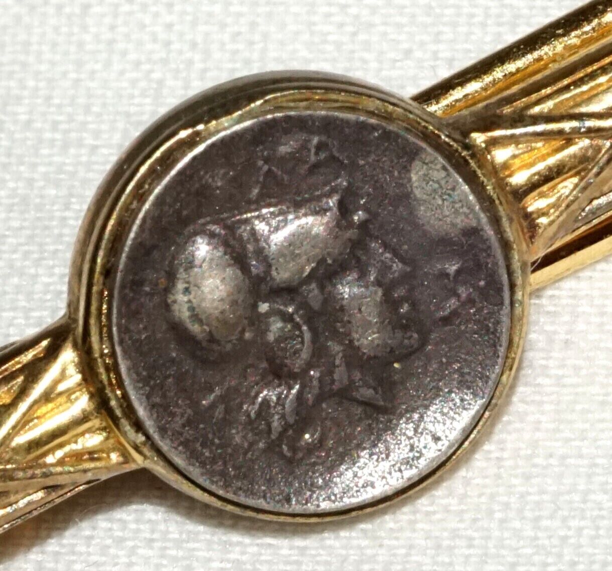 Vintage Gold Plated Sterling Silver Tie Bar w. Bezel set Greek Coin Accent (AHB