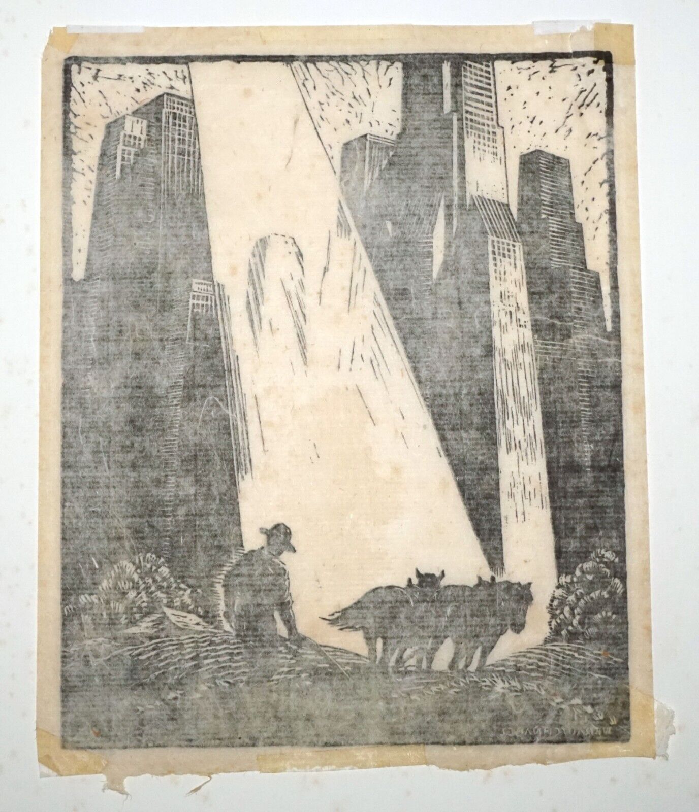 1940s US Lino Cut Print "Old & New" William Fredrick Rauschnabel (1883-1947)(FeH