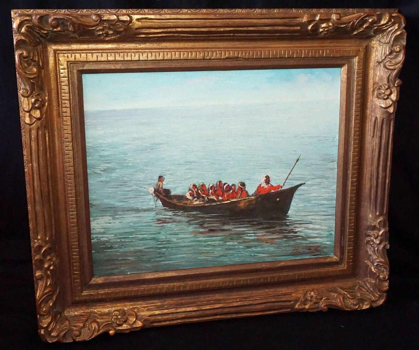 Vintage US Framed Oil Painting Native American in a Boat by Florian Barth (New)