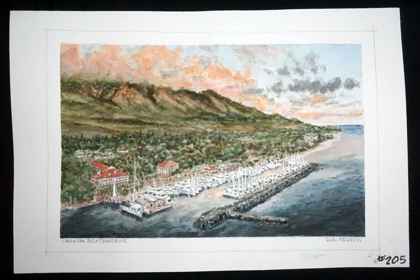 Hawaii Watercolor Painting Lahaina Boat harbor, Maui by Larry Segedin #205