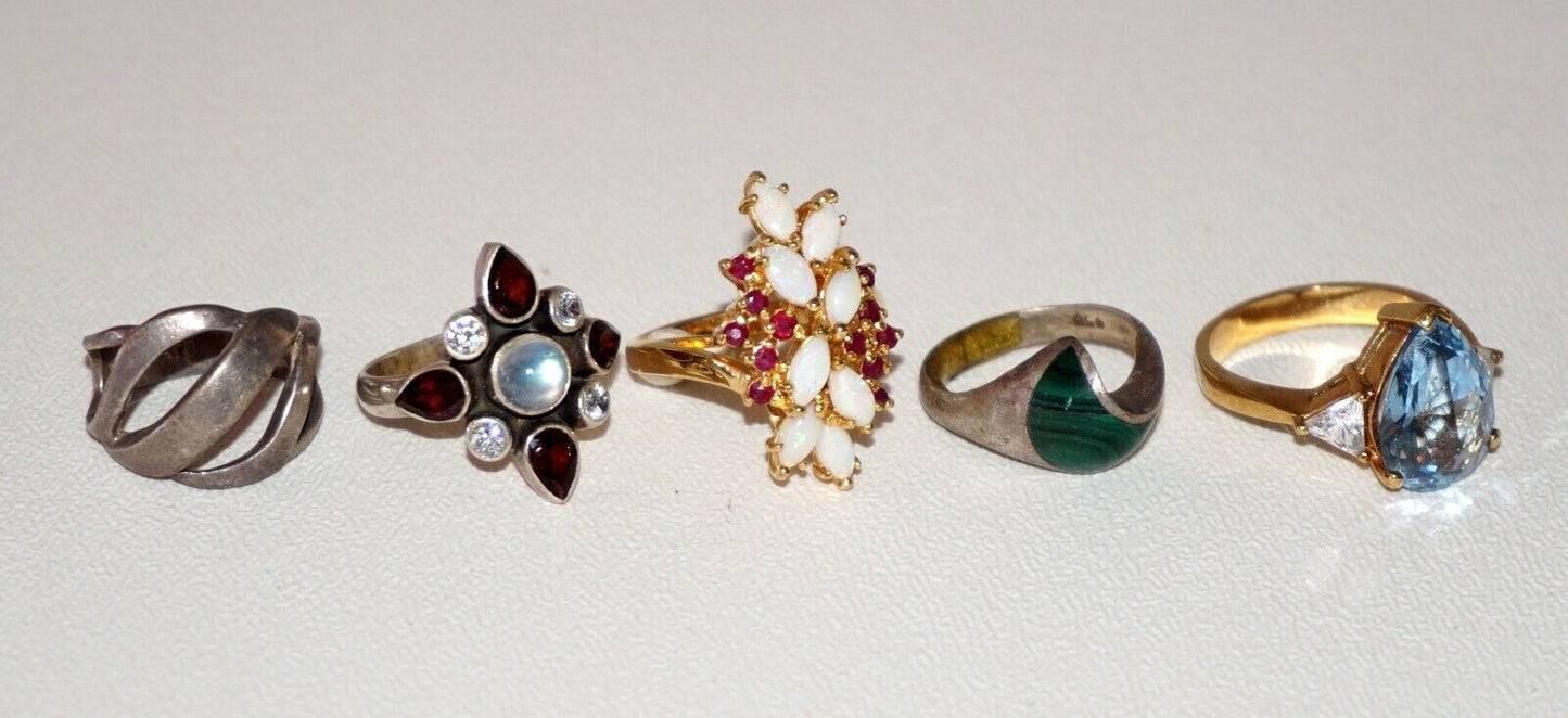 5x Sterling Silver Rings Opals Rubies Garnets Moonstone Topaz Malachite (NoN)R40