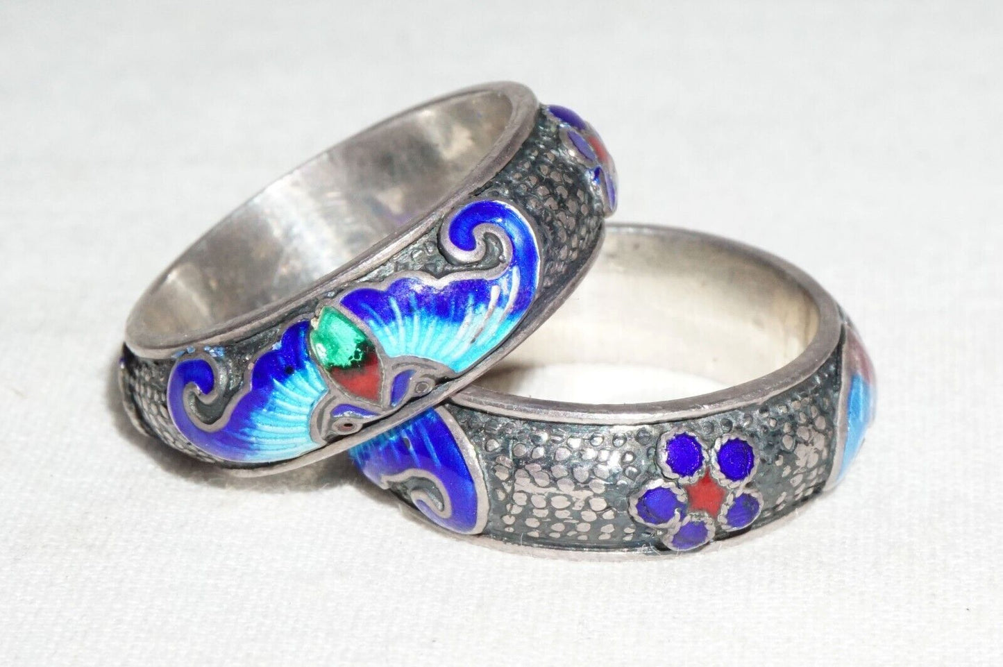 2Pc Chinese Silver & Multicolor Enamel Rings Sz.5 w. Bat Motifs (---)