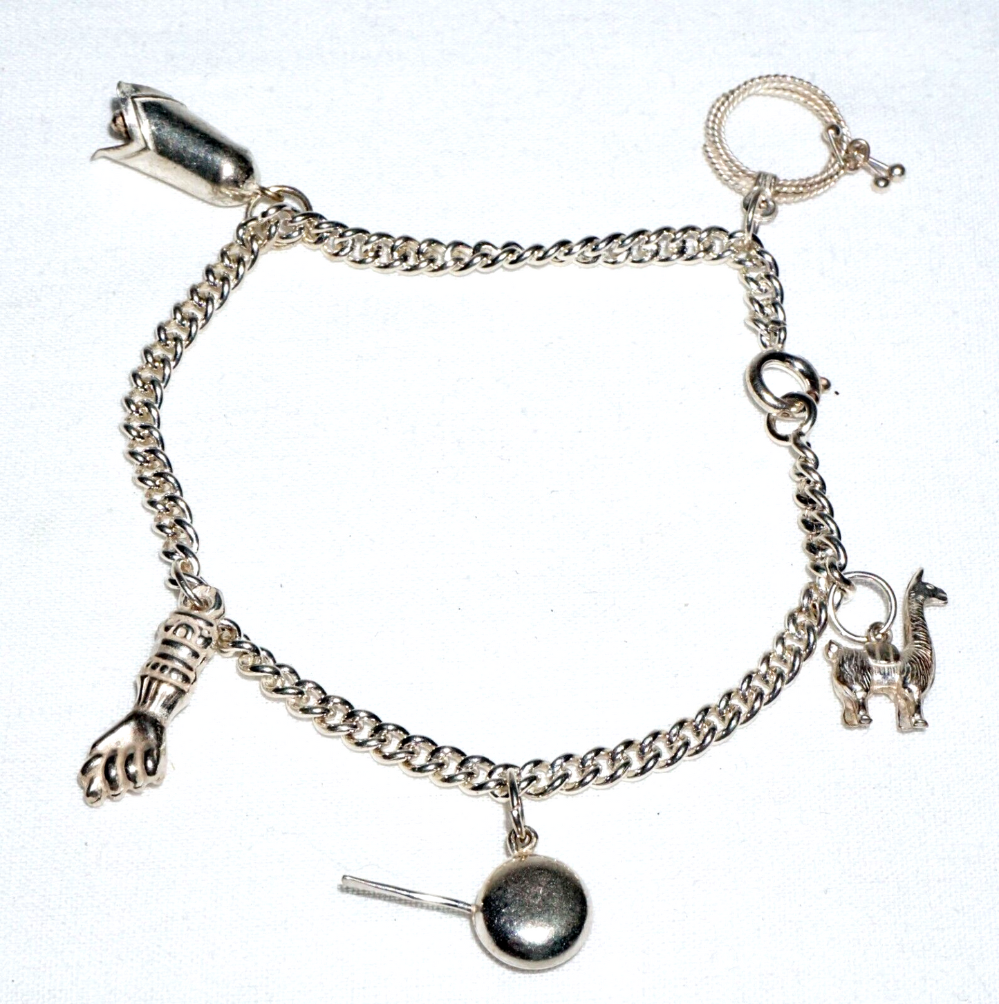 Vintage Unmarked Silver Charm Bracelet w. 5x Charms Lama Bell Oil Can (BrM)#6