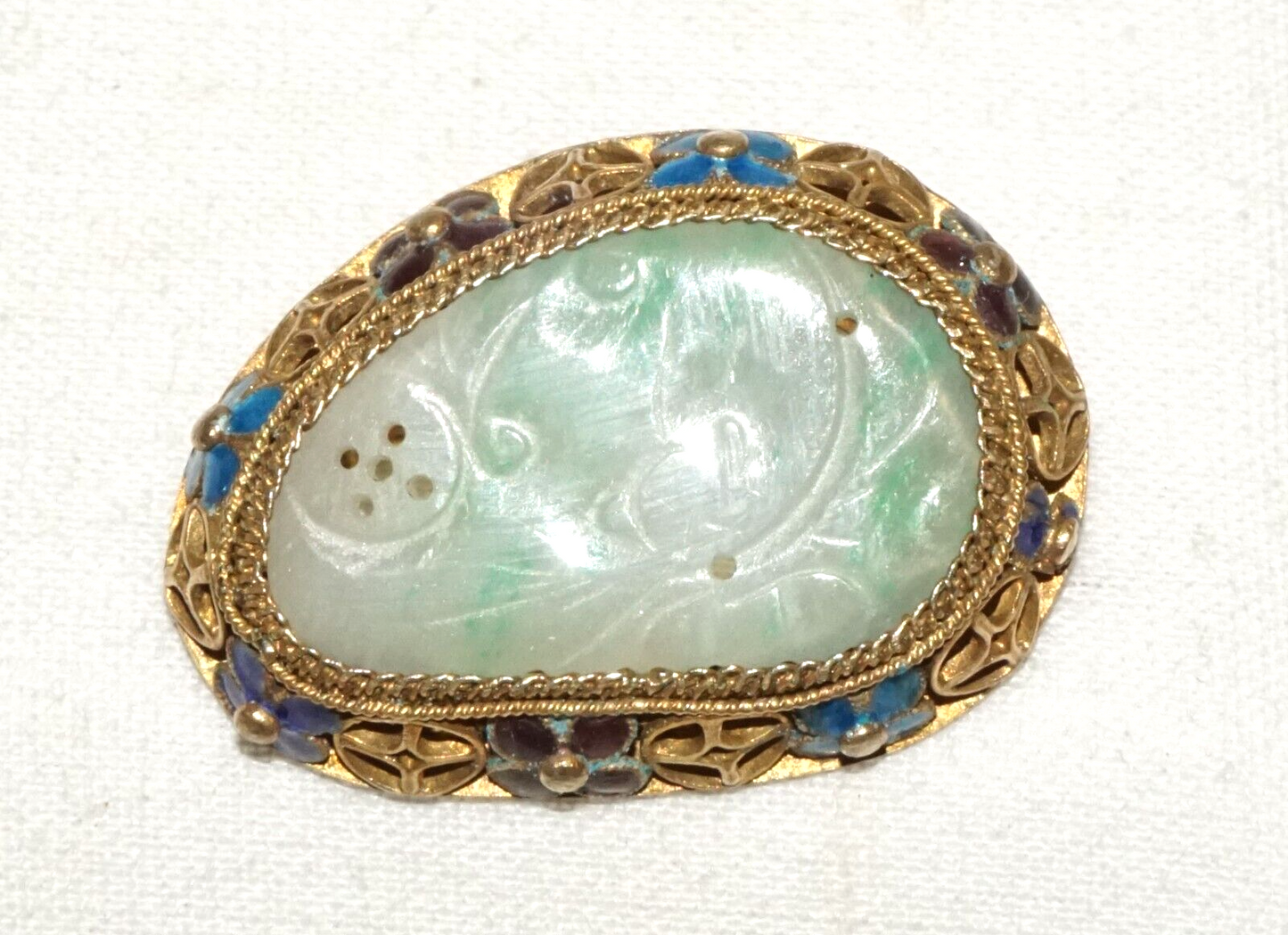 Antique Chinese Silver Filigree & Enamel Brooch set w. Jadeite Jade (InS)#L1-3