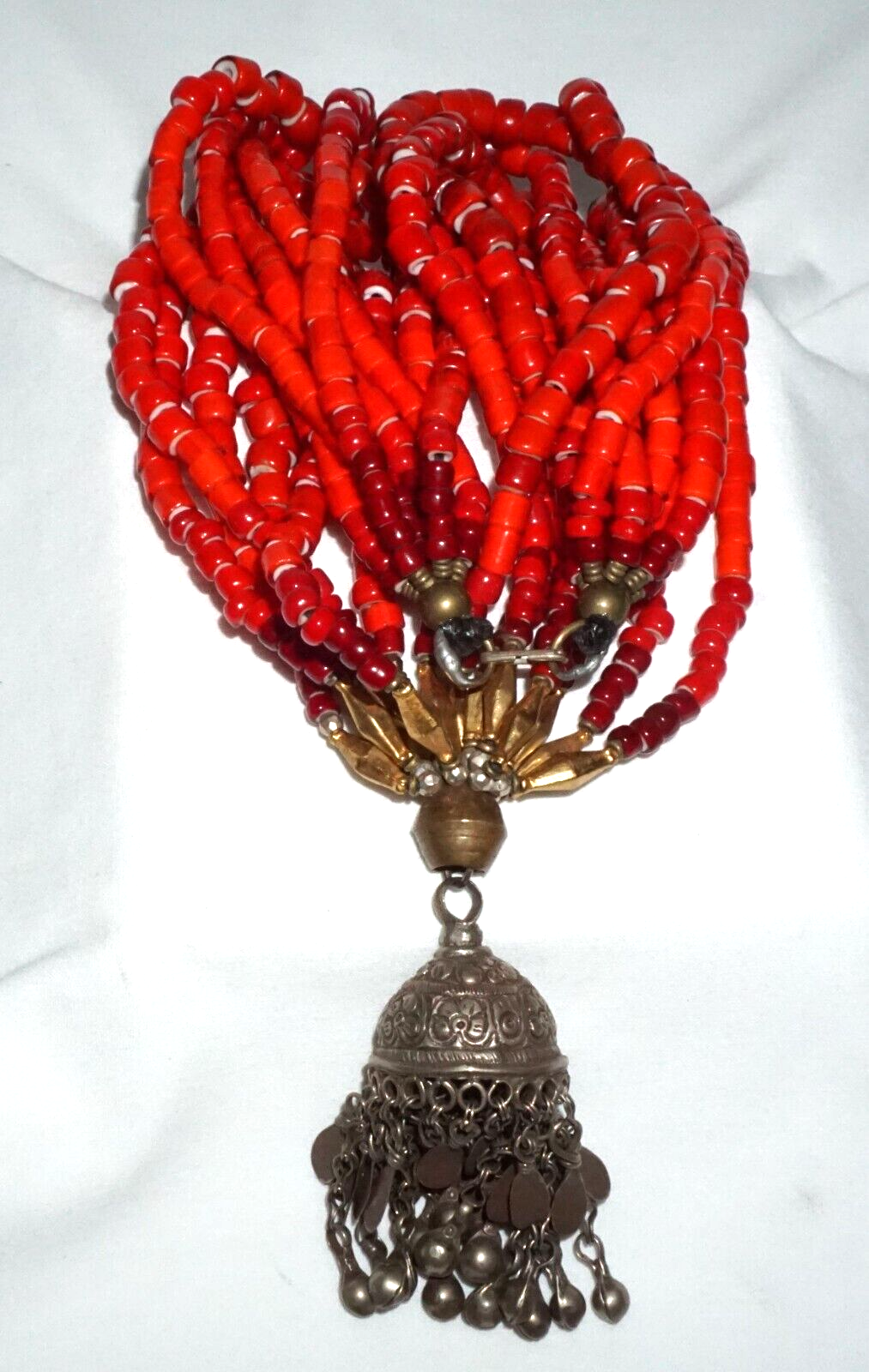 Vtg Chunky 7x Strand Red Glass Bead Necklace Bell Pendant Masha Archer (GeB)#16