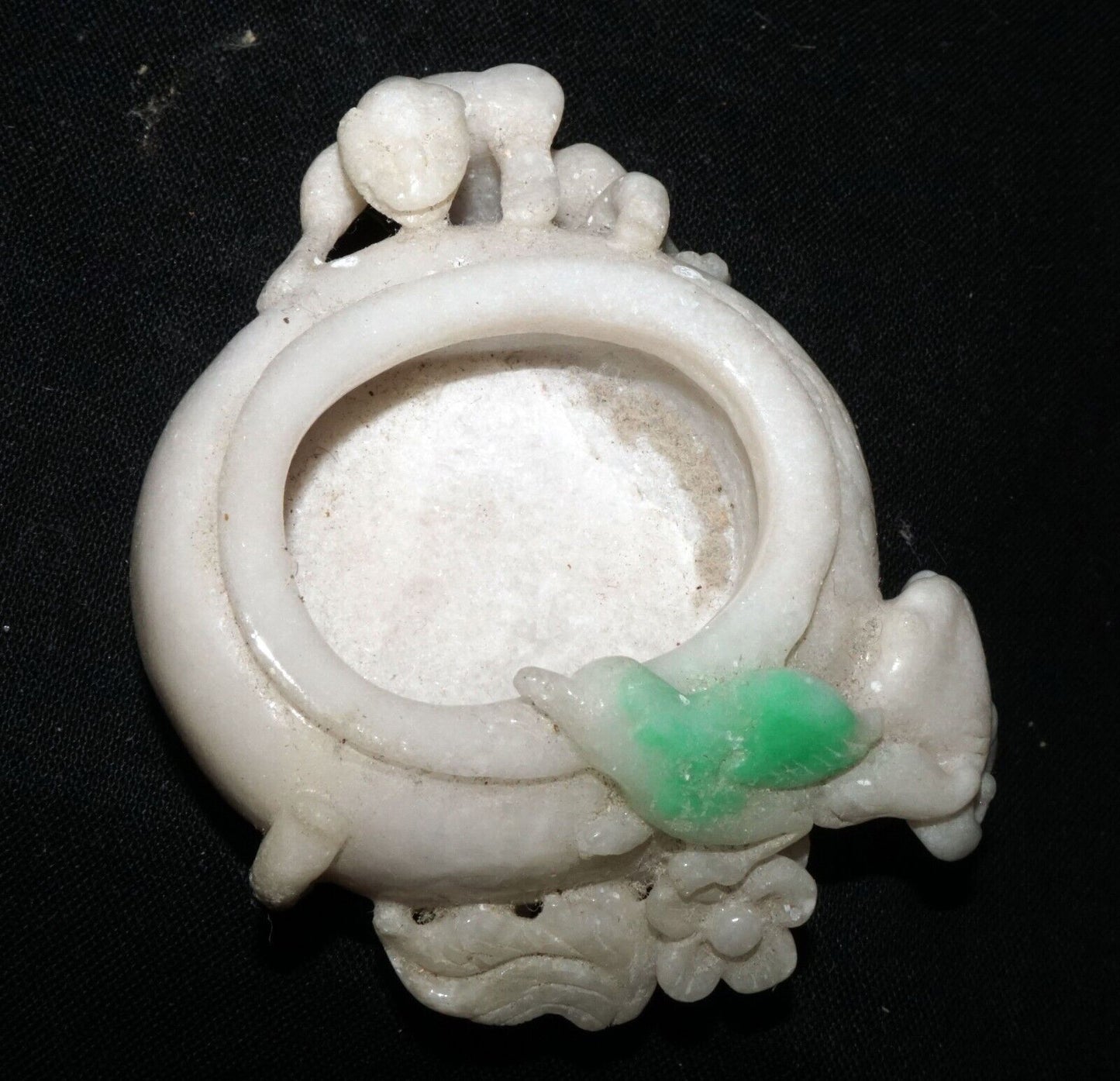 Vintage Chinese White & Apple Green Jade Mini Brush Washer Dragon Bird (LeS) G11