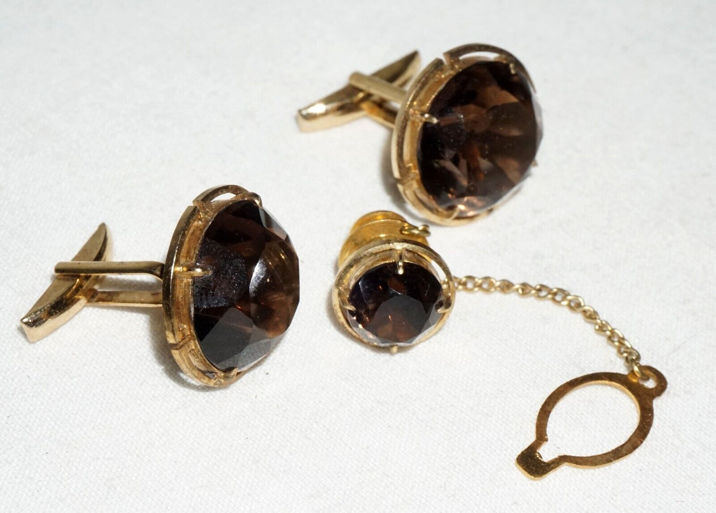 3Pc Vintage Gold Plated Silver Cufflinks & Tie Tack w. 3x Smokey Quartz (---)