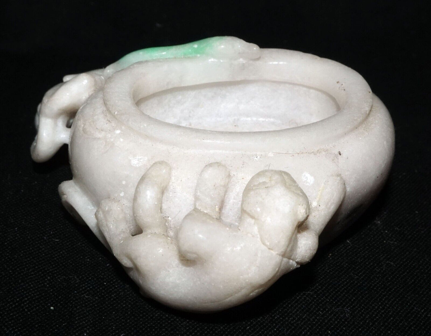 Vintage Chinese White & Apple Green Jade Mini Brush Washer Dragon Bird (LeS) G11