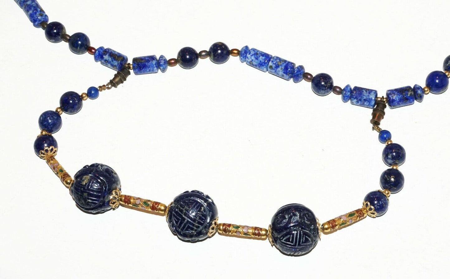 Chinese Lapis Lazuli Bead Necklace & Bracelet w. Plain & Carved Beads (HaY)#19