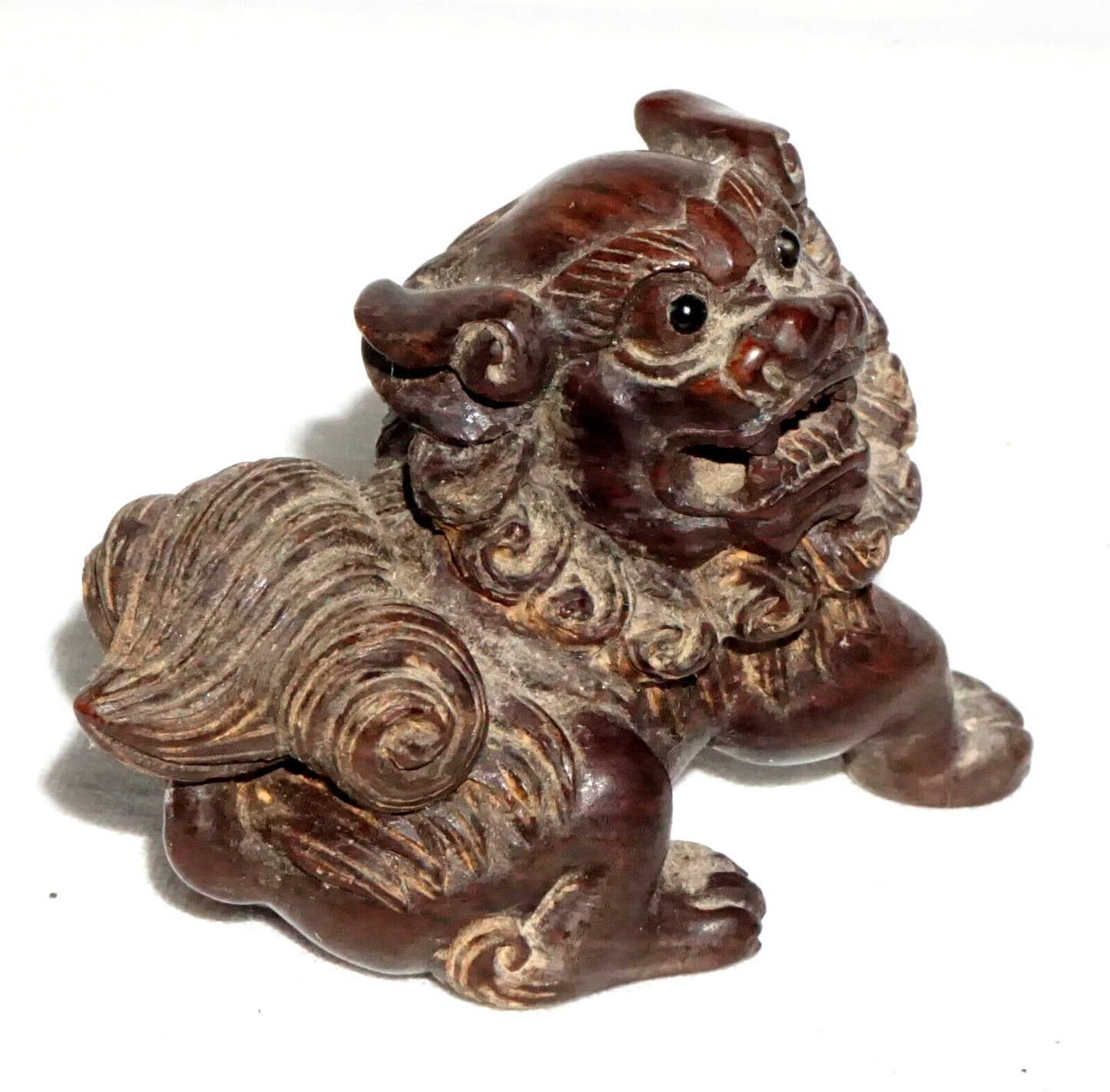 Vintage Japanese Carved Dark Wood Netsuke Lion Dog Foo Dog (FeH
