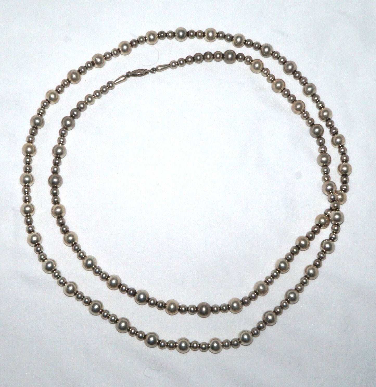 Vintage Silver Dark Tone Beaded Necklace w Fish Clasp - 40 inches (QuC)