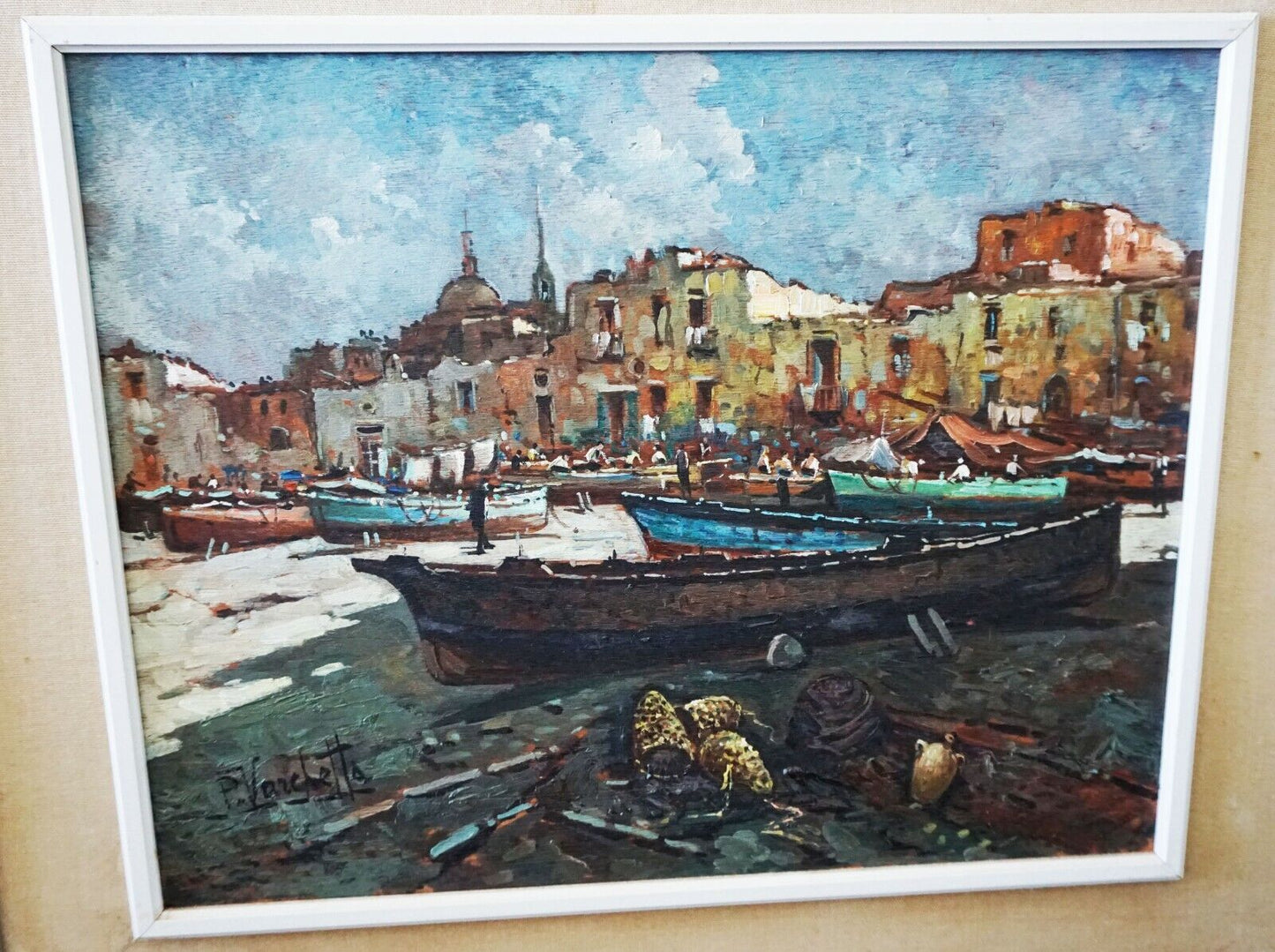 Italian Oil Painting "Fishing Village & Beached Boats" by P. Varchetta (FeO)
