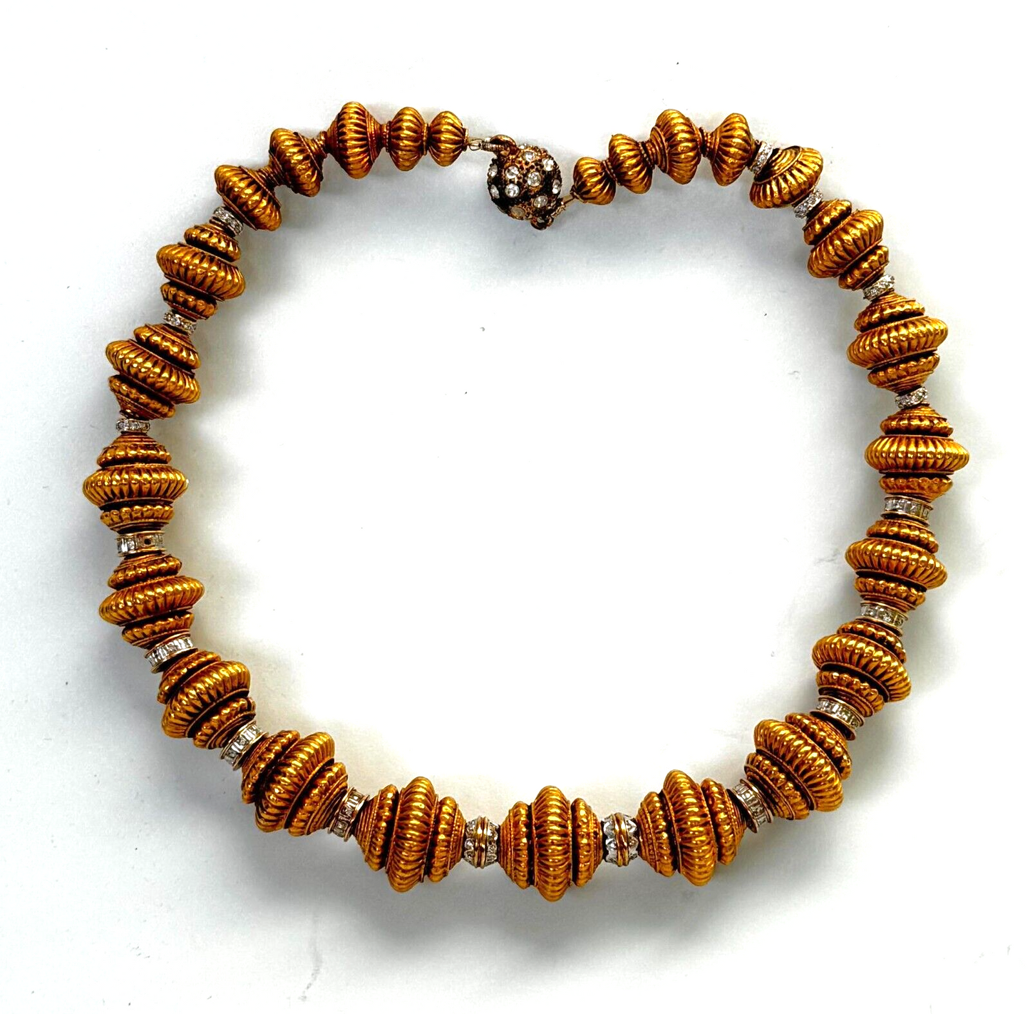 Vintage Ribbed Gold Tone Graduated Bead Statement Necklace 16" (LeD)