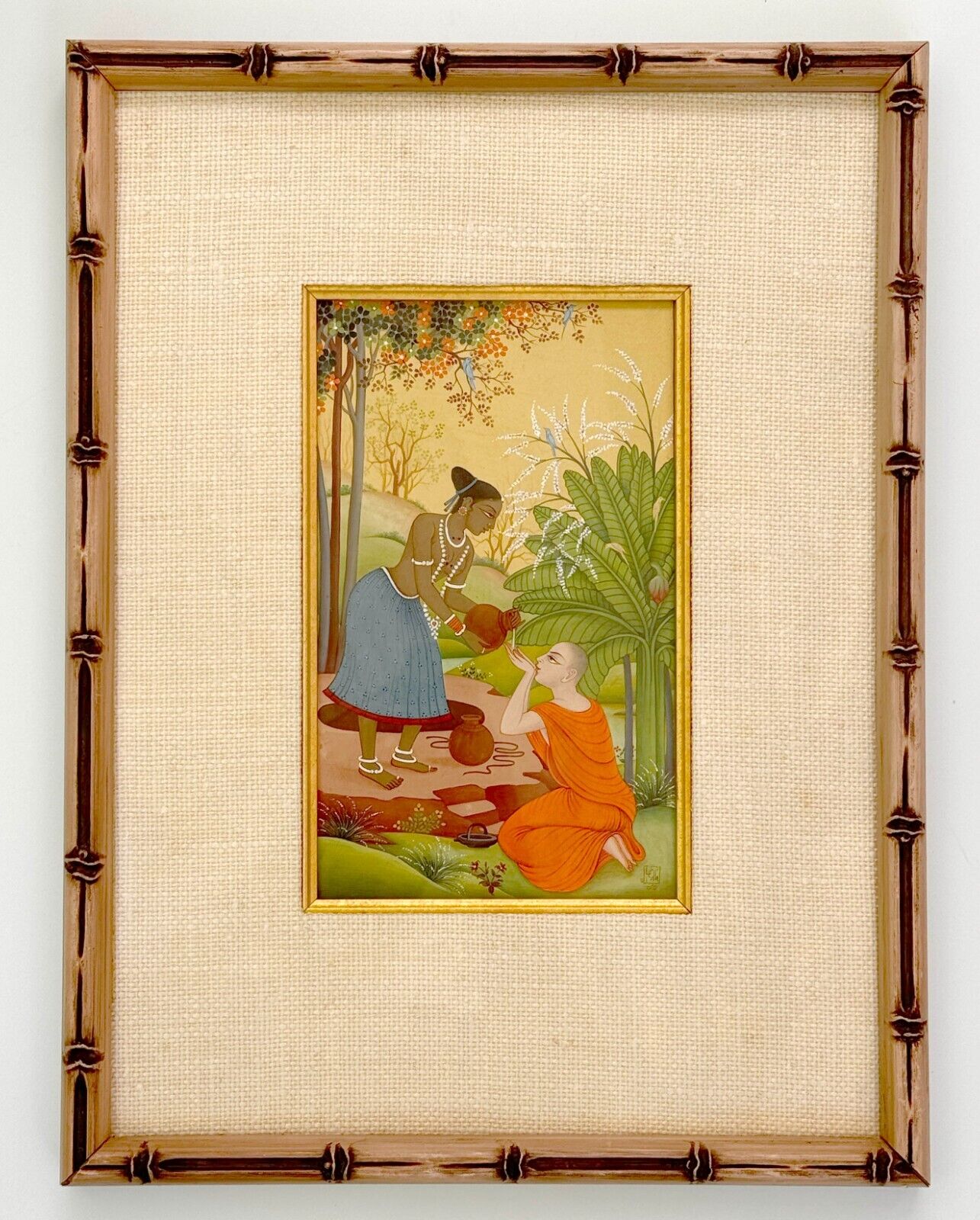 Vintage Indian Budhhist Painting of "Untouchable Woman" Prokrithi & Monk (KuK)