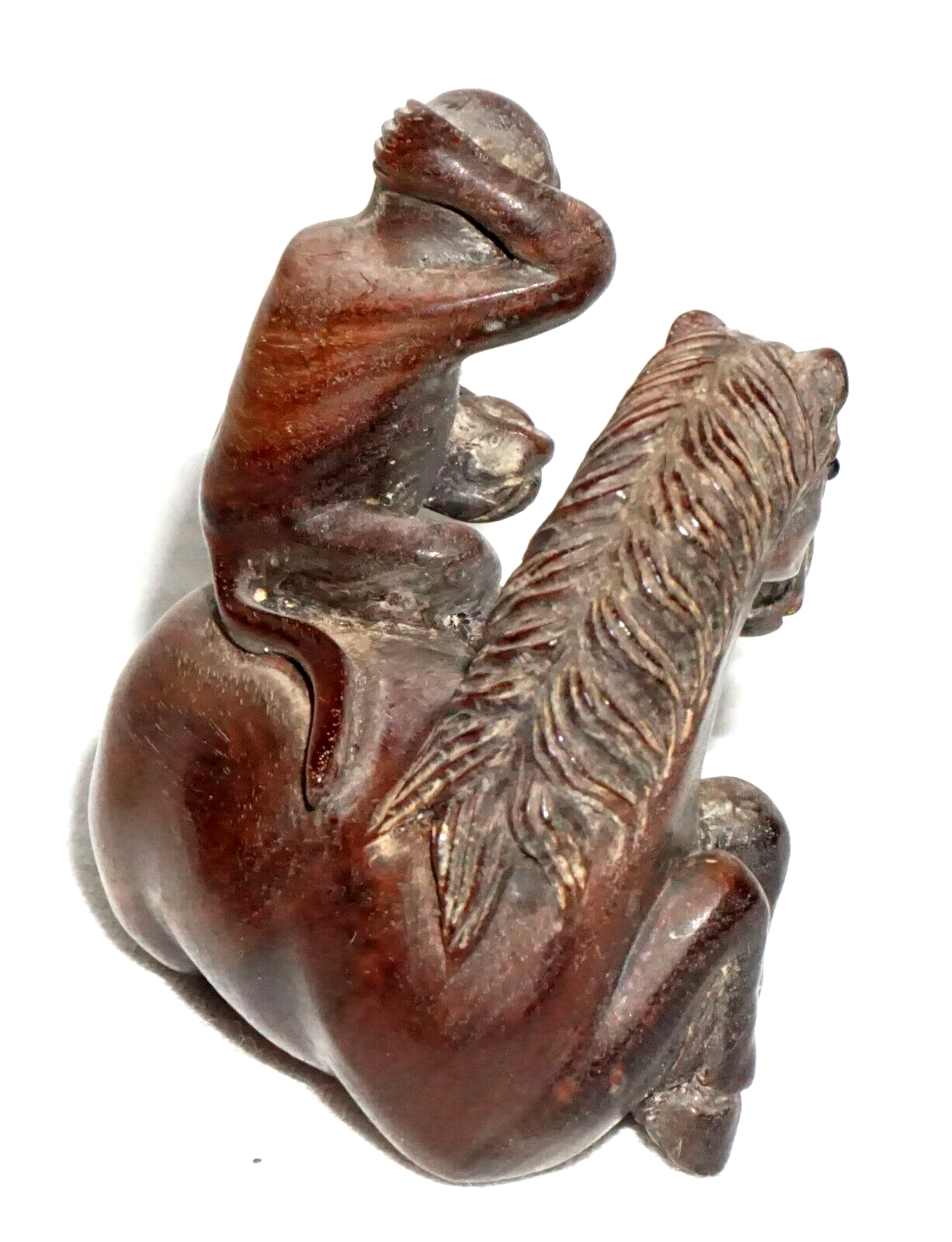 Vintage Japanese Carved Wooden Netsuke Monkey Seated on a Horse signed (FeH