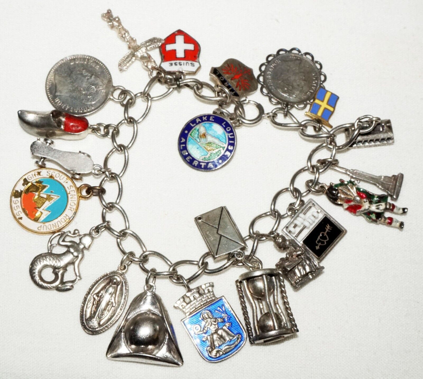 Vintage Sterling Silver 21x World Travel Charms Bracelet incl. Coins etc(KoS) L8