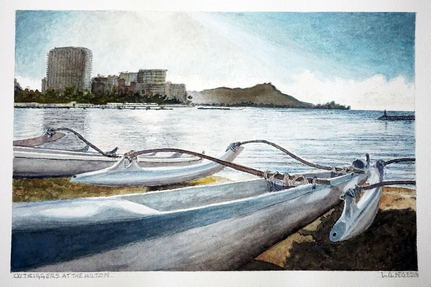 Hawaii Watercolor Painting "Outrigger Canoes @ Hilton Lagoon" by L. Segedin #118