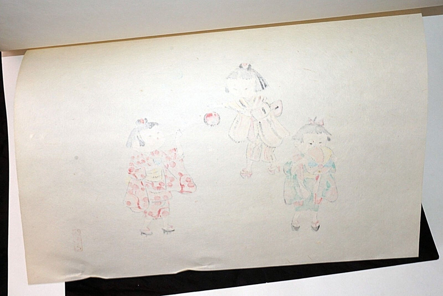 60s Japanese Woodblock Print Three Girls Blowing Bubbles Hitoshi Kiyohara (***)