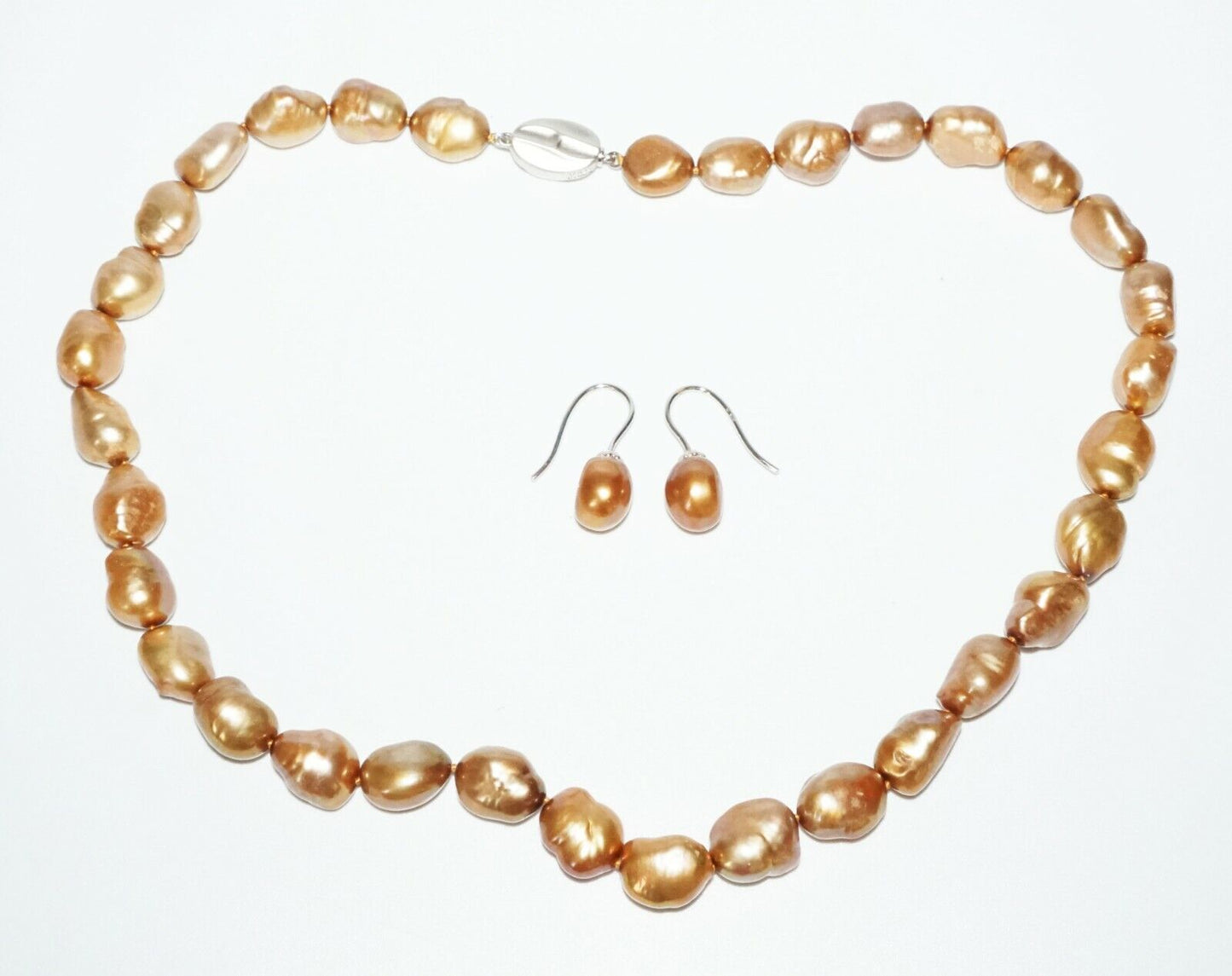 3Pc Chinese Sterling Silver Golden Baroque Pearl Necklace & Earrings (SaR)#442
