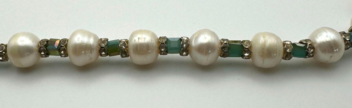 Freshwater Pearl & Aqua Sparkling Bead Necklace 18" w Spring Ring Clasp (KnK)