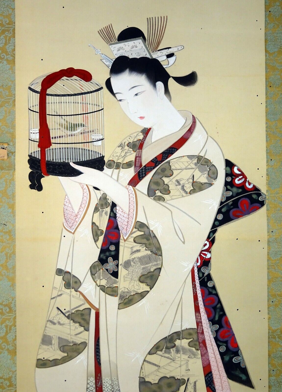Japanese Taisho Showa Bijin Painting Beautiful Woman w. Bird Cage signed (Fuj)