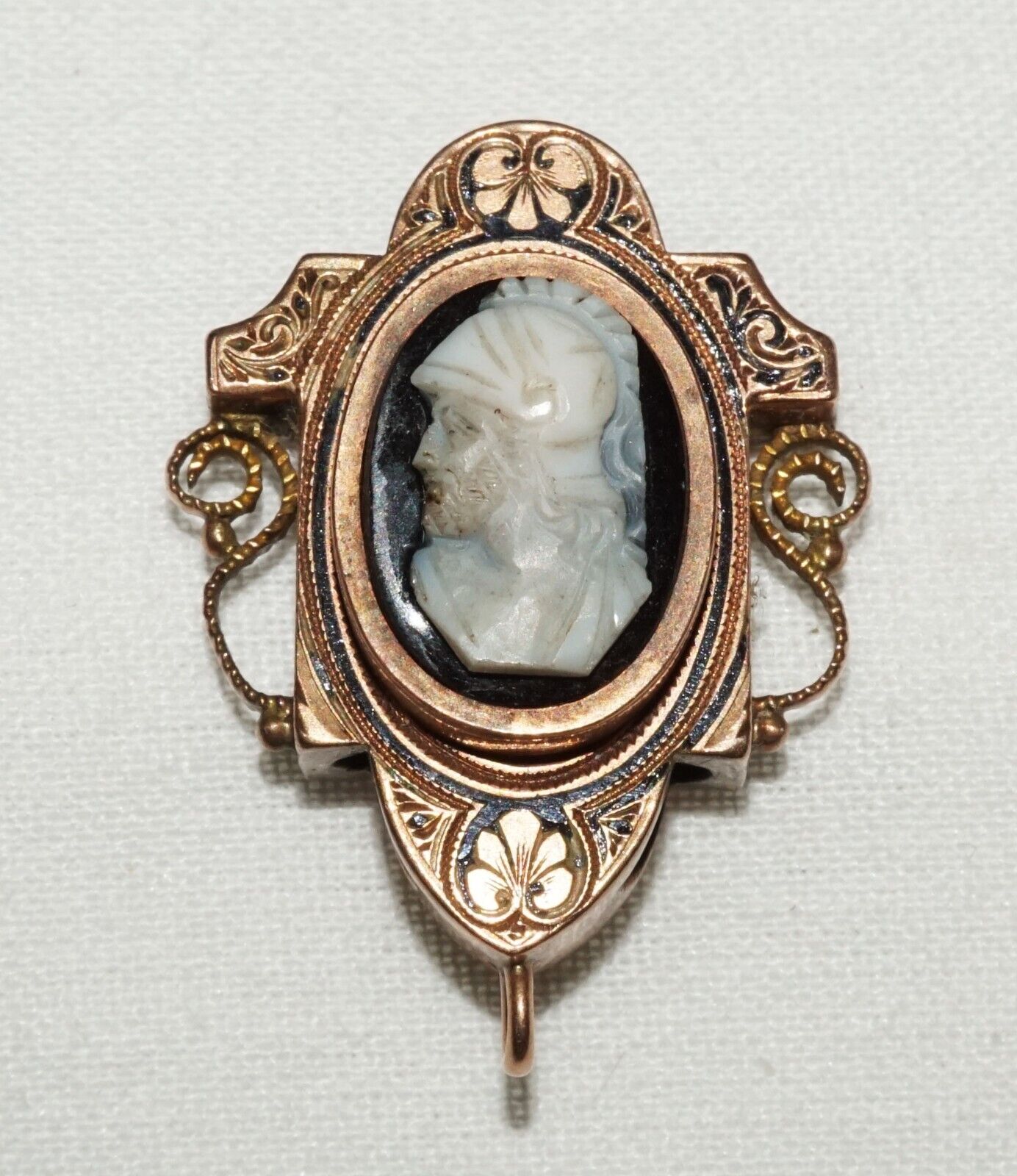 Antique Rose Gold & Black Enamel Slide Pendant w Shell Cameo Soldier Motif (AHB)