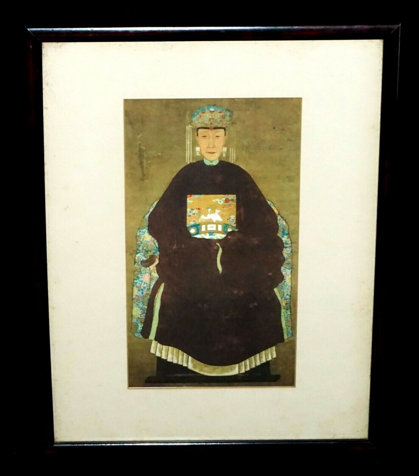 Vintage Italian Framed Reprint of Chinese Ancestor Painting on Fabric (ChA) #58