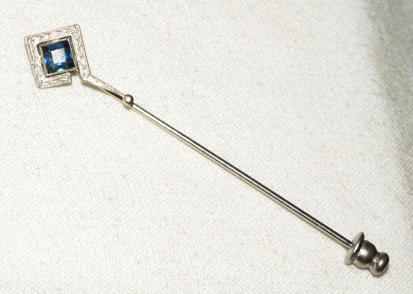 Art Deco Style White Gold Pin w. Bezel set Blue Glass Accent (BeM)