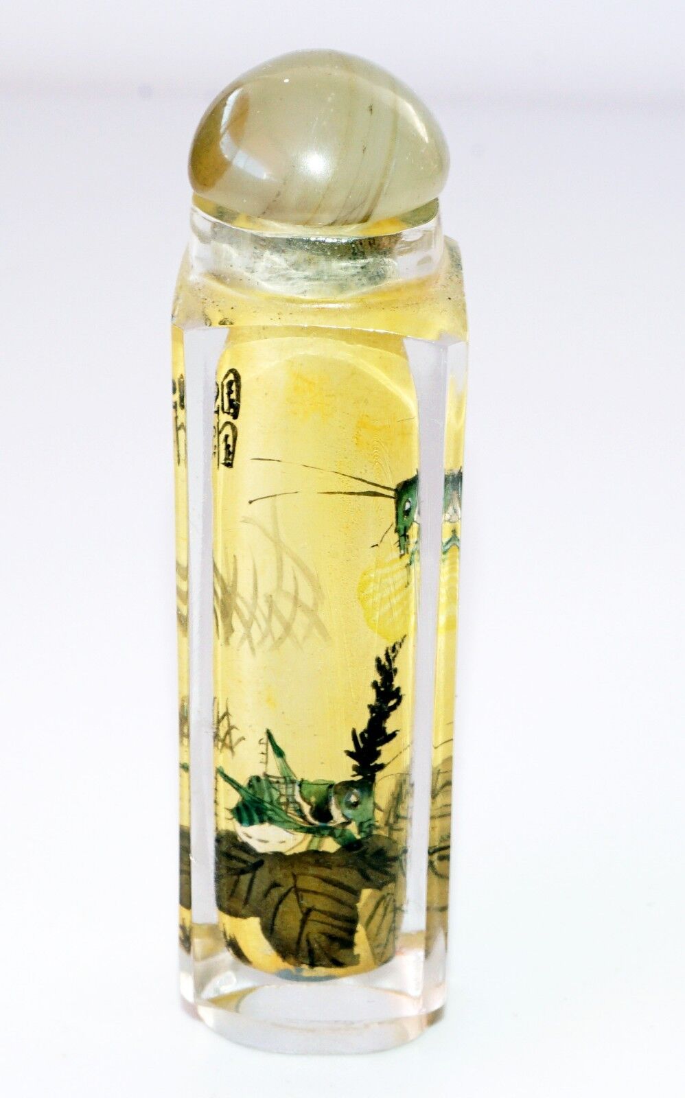20C Chinese Square Inside Painted Glass Snuff Bottle w. Hard-stone Stop (Pal)