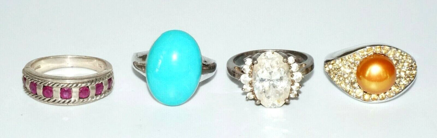 4x Vintage Sterling Silver Rings Sz.8 w. Pearl, Turquoise, Rubies & Cz (SaR)#425