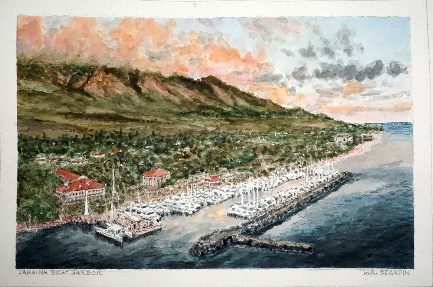 Hawaii Watercolor Painting Lahaina Boat harbor, Maui by Larry Segedin #205