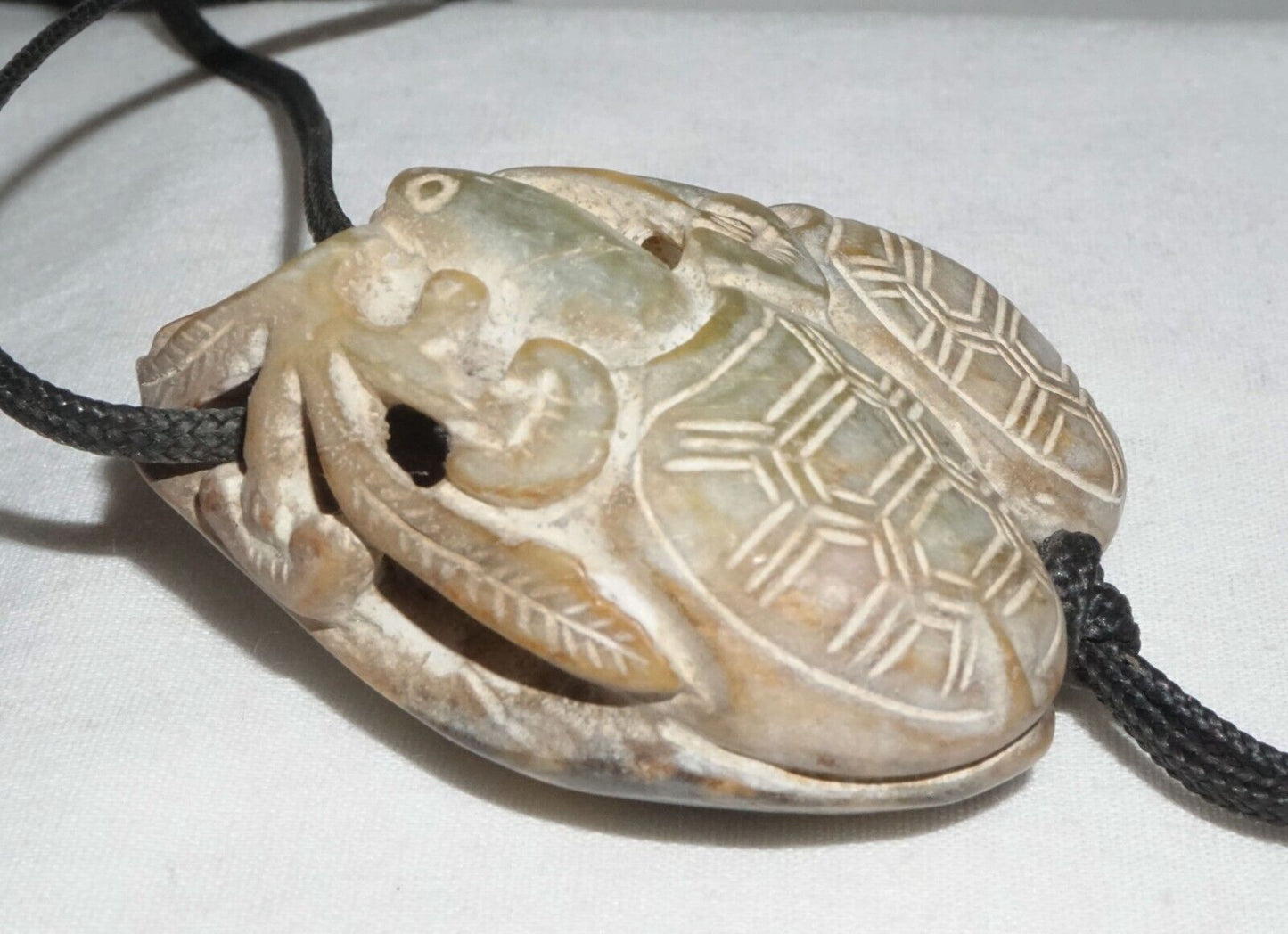 Vintage Chinese Steatite Carved Pendant w. Double Turtle Motif on Cord (InS)