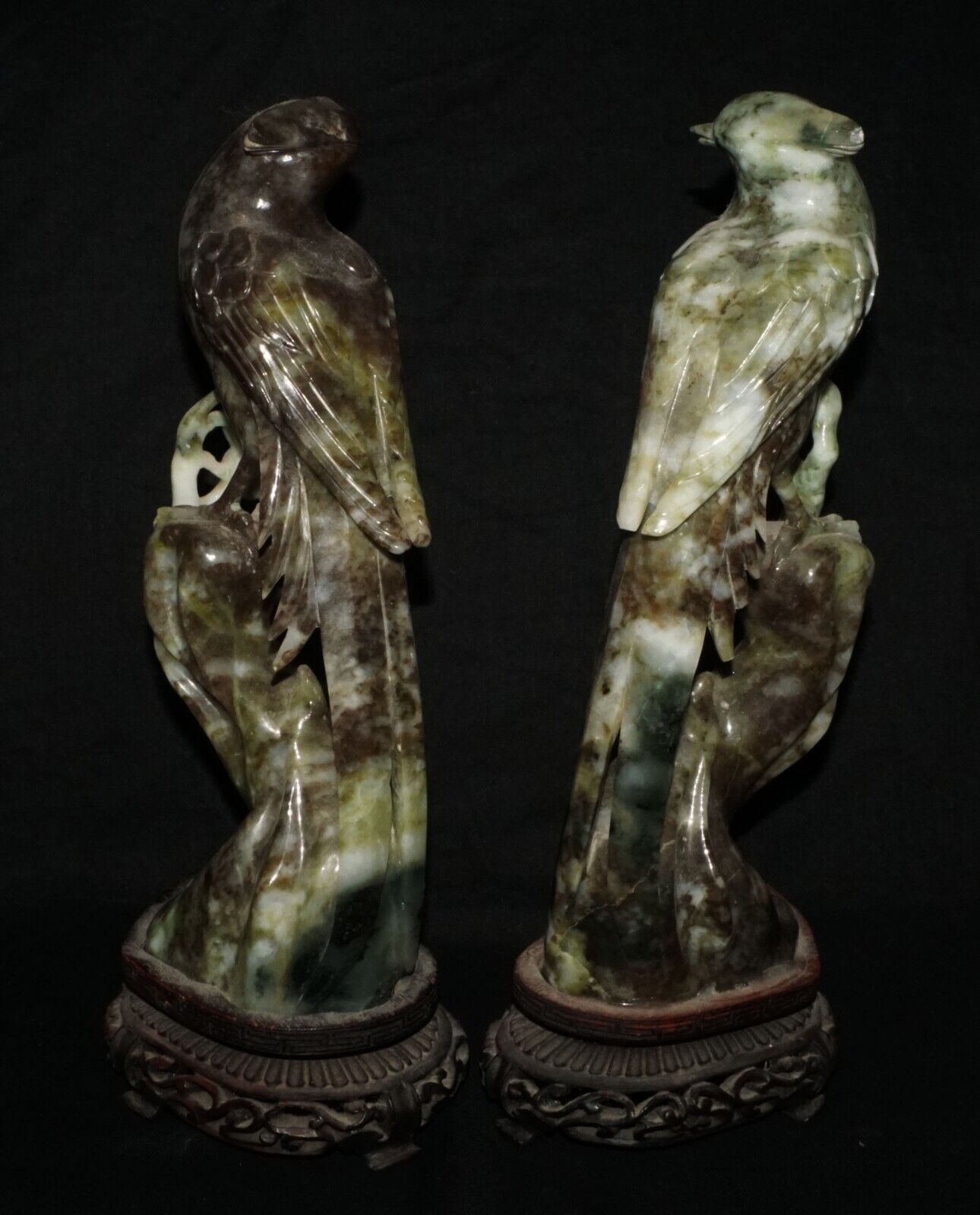 Pair Vintage Chinese Mottled Black Jadeite Jade Carvings Exotic Birds (LeD)