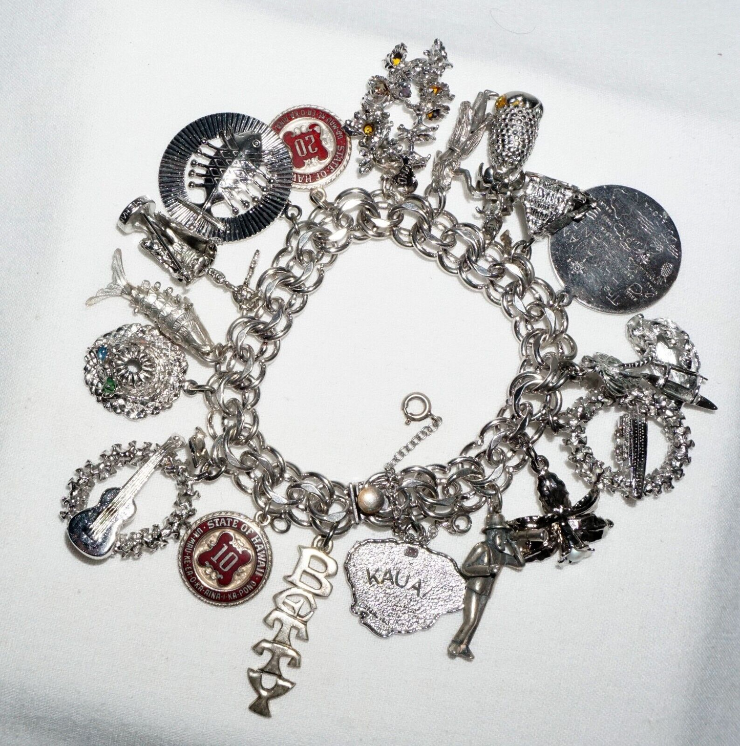 Vintage Sterling Silver Charm Bracelet w. 18x Hawaii Themed Charms (BrM)#6