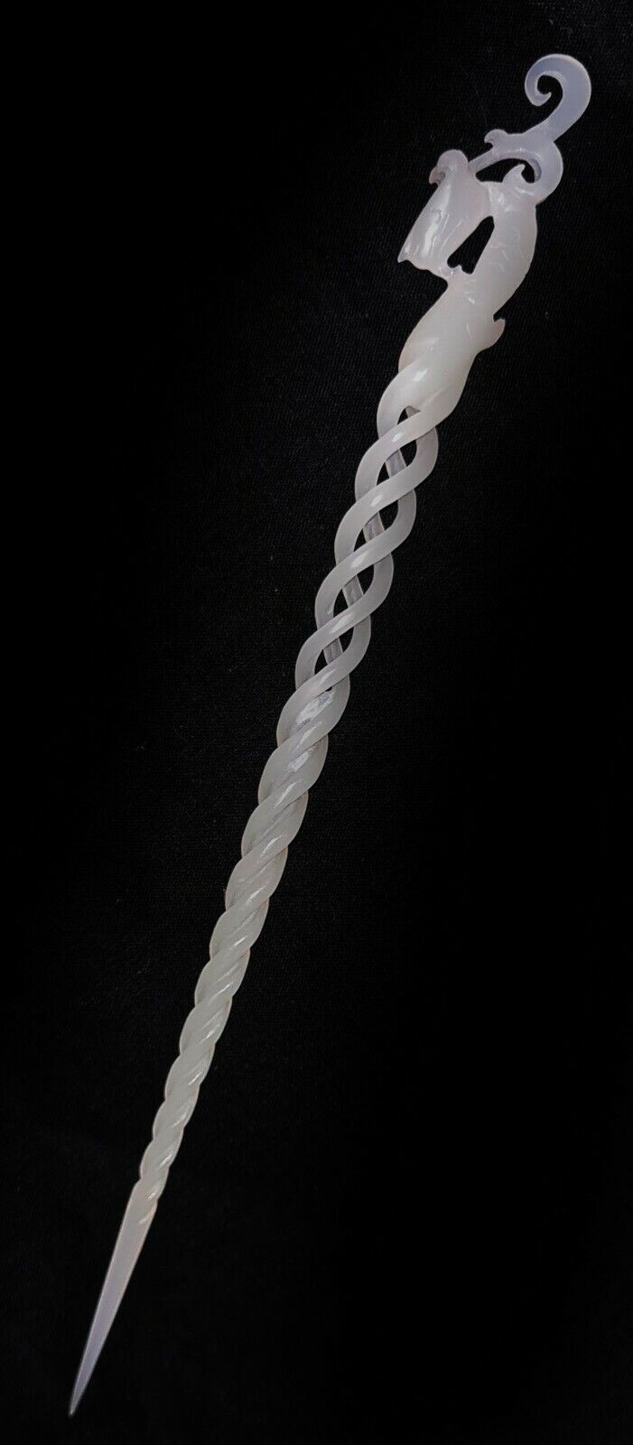 Vintage Chinese Pierced Spiral White Jade Hairpin Extremely Fine Carved (AHB)
