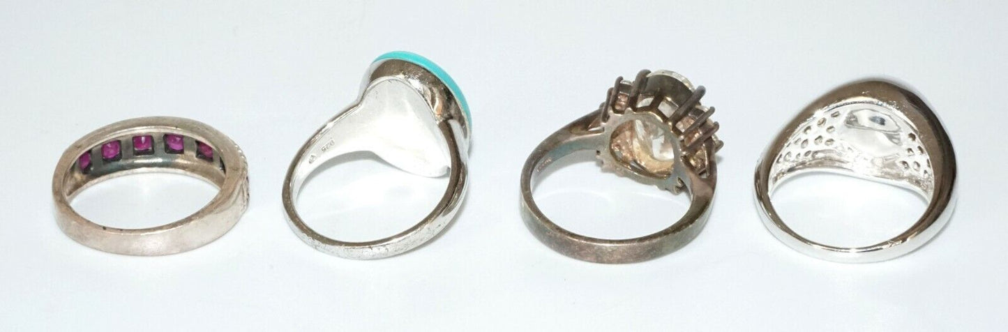 4x Vintage Sterling Silver Rings Sz.8 w. Pearl, Turquoise, Rubies & Cz (SaR)#425