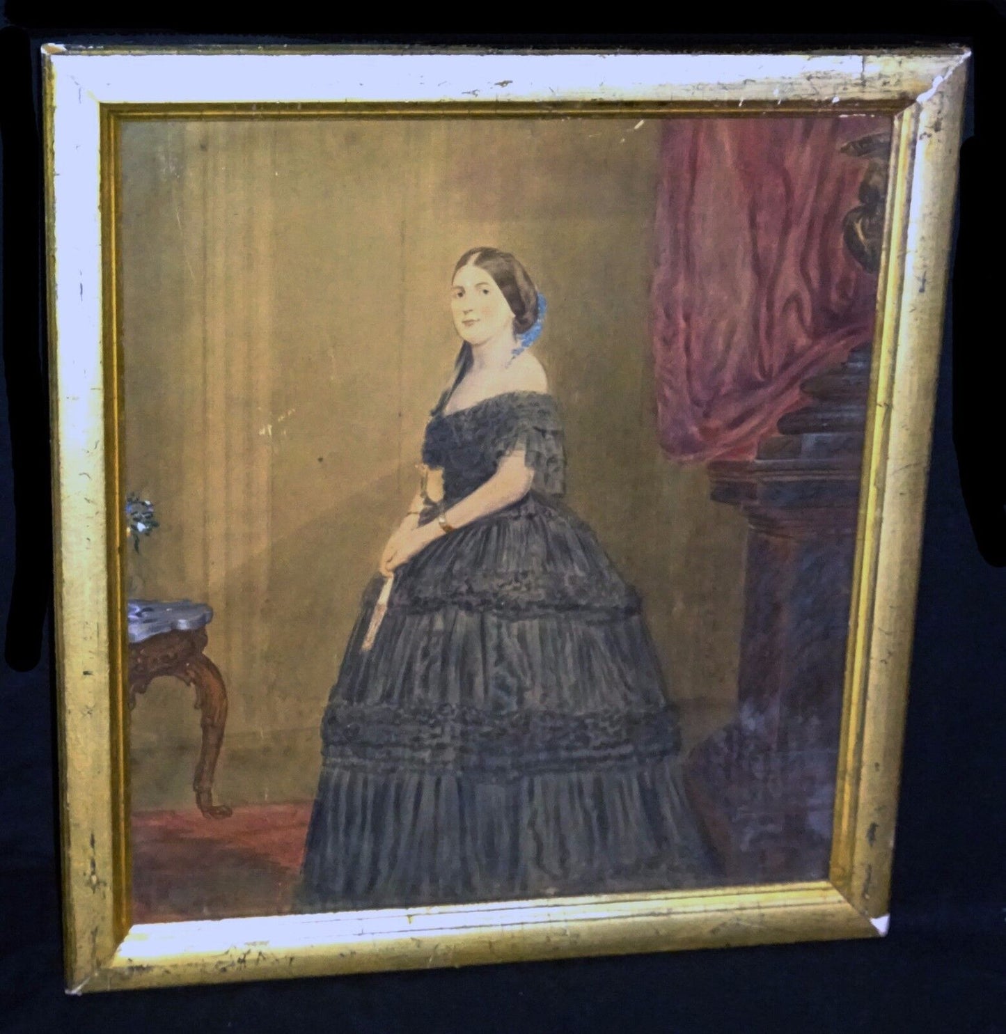 19C Victorian Gouache WC Portrait Painting Woman in Interior illegibly sign(Sto)